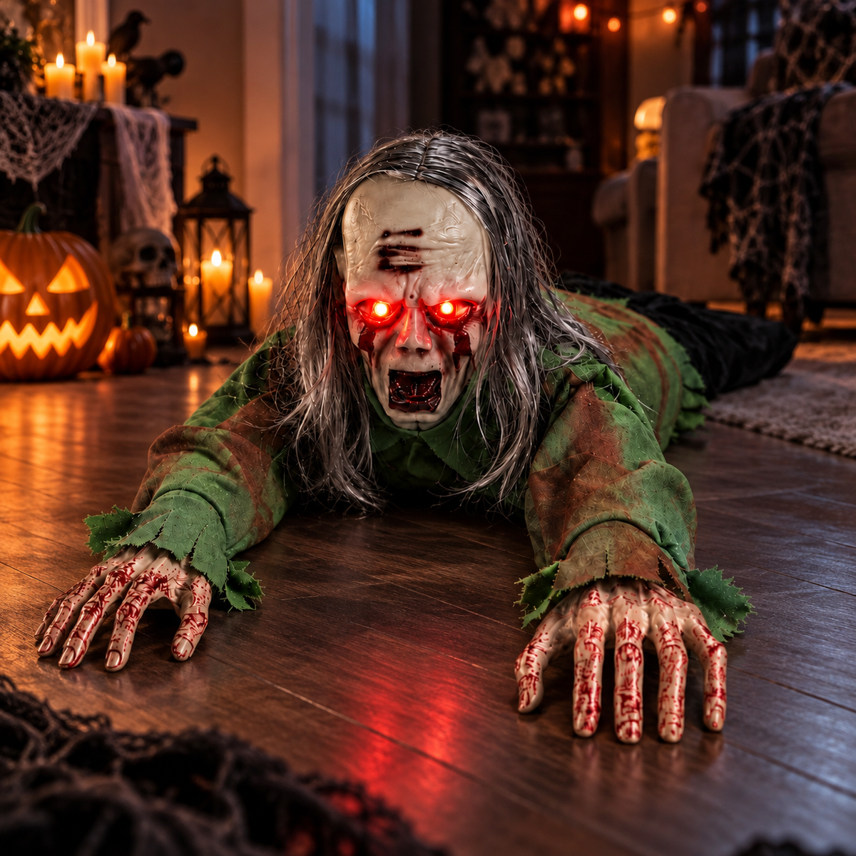 Animated Crawling Zombie Decoration Long Gray Hair Glowing Red Eyes