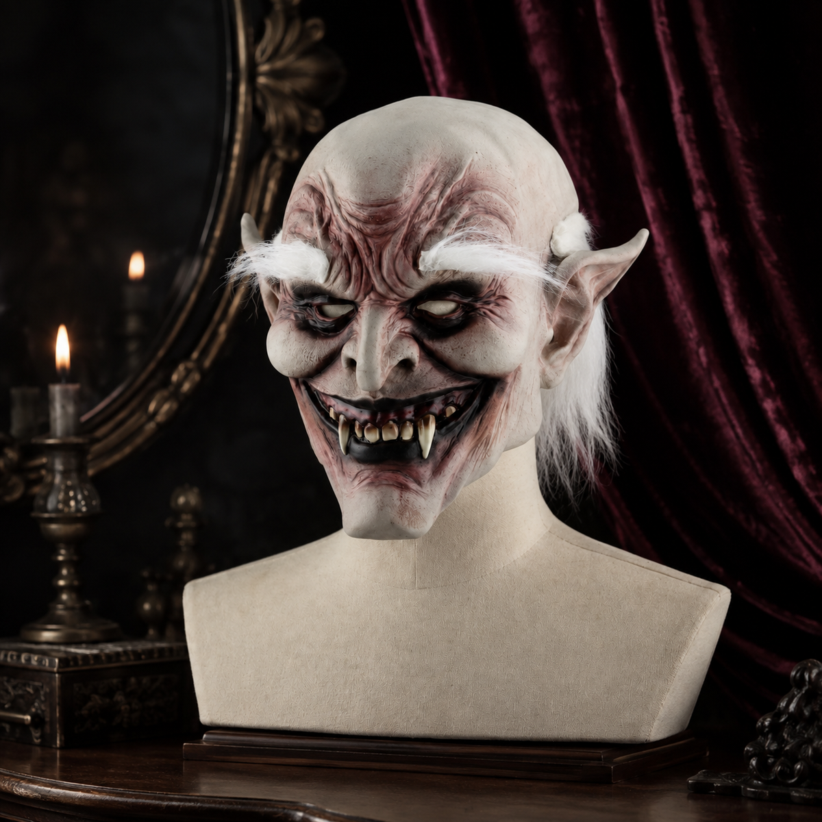 Old Demon Vampire Latex Mask Pointed Ears White Hair Fangs Full Head