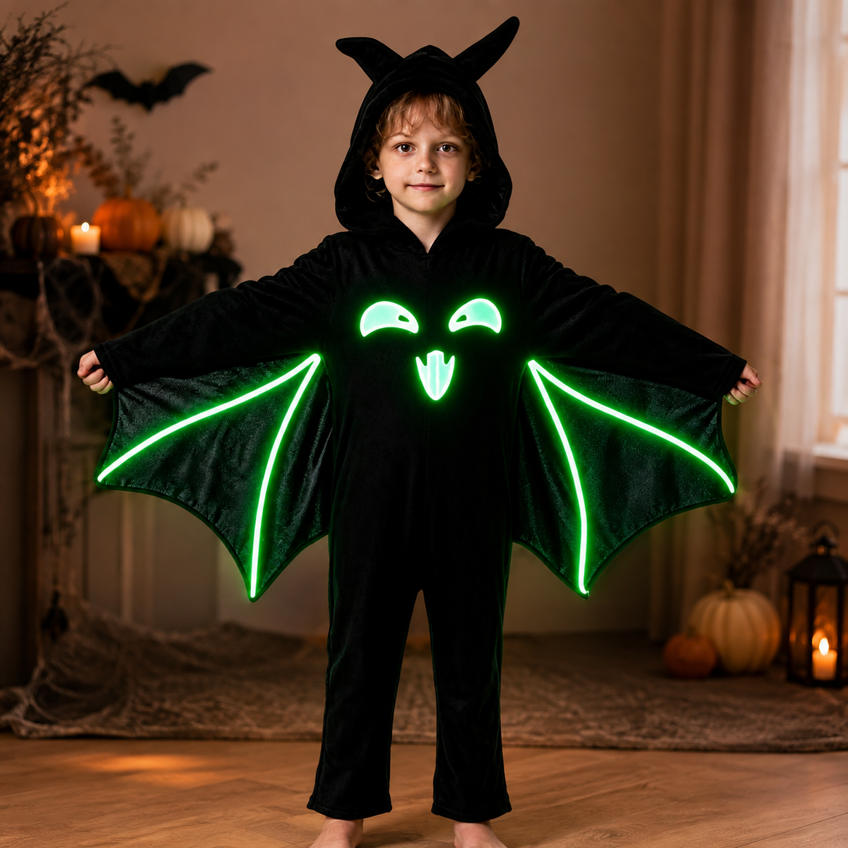 Kids Glow in the Dark Bat Costume Hooded Jumpsuit with Wings Halloween