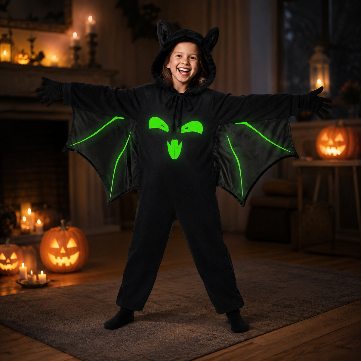 Kids Bat Costume Set Hooded Jumpsuit Wings Glow Face Gloves Stickers