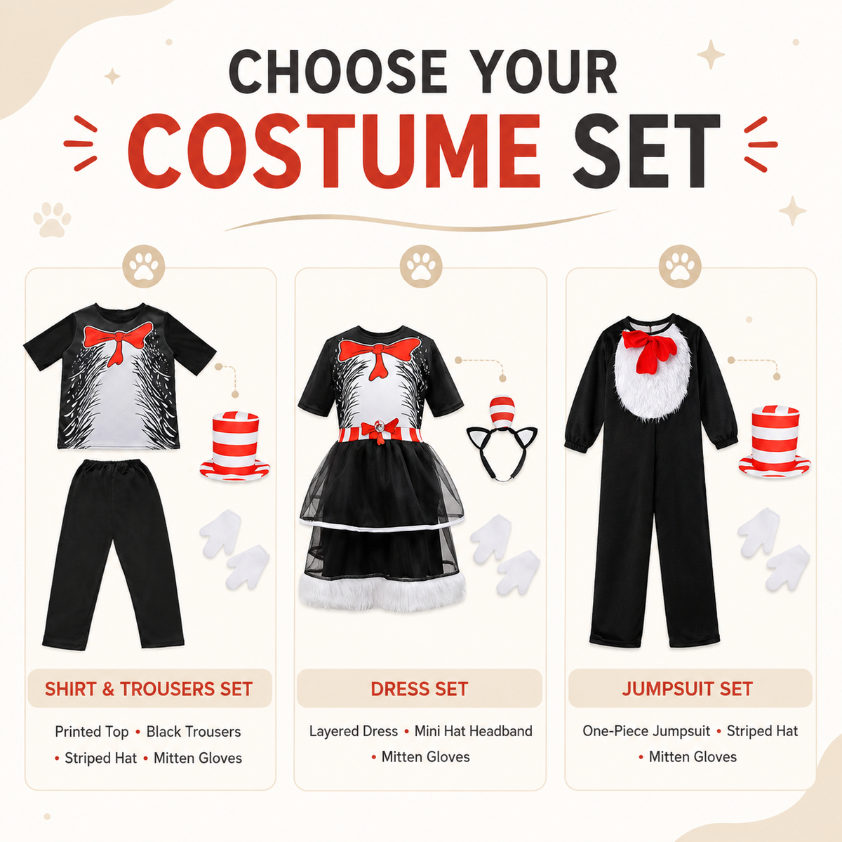 Kids Cat in the Hat Style Costume Striped Hat Bow Tie Gloves 3 Styles