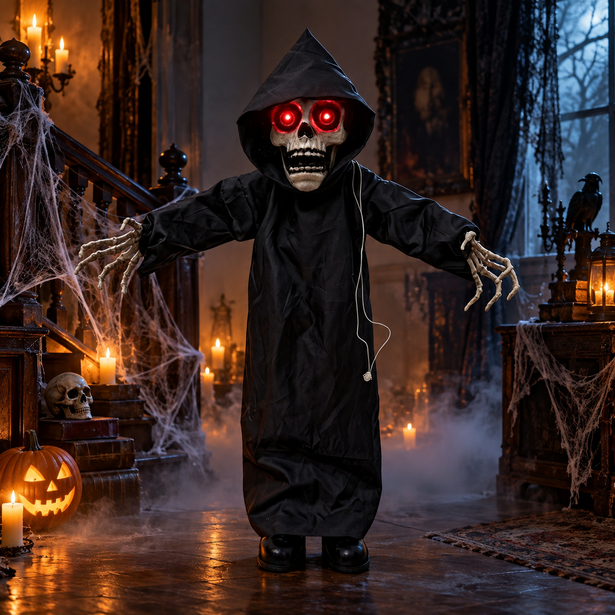 Animated Grim Reaper Halloween Decoration Red LED Eyes Standing Prop
