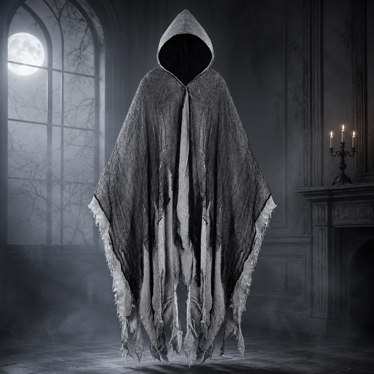 Adult Ragged Hooded Ghost Cloak Tattered Gauze Wraith Costume Cape