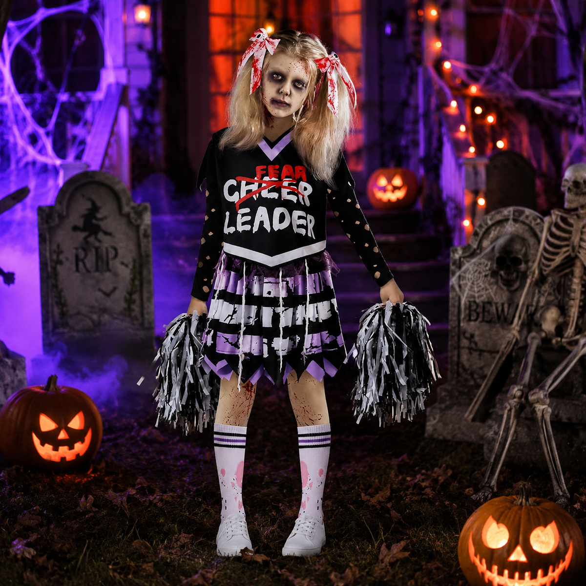Kids Zombie Cheerleader Costume Bloody Skull Uniform Dress 11 Styles