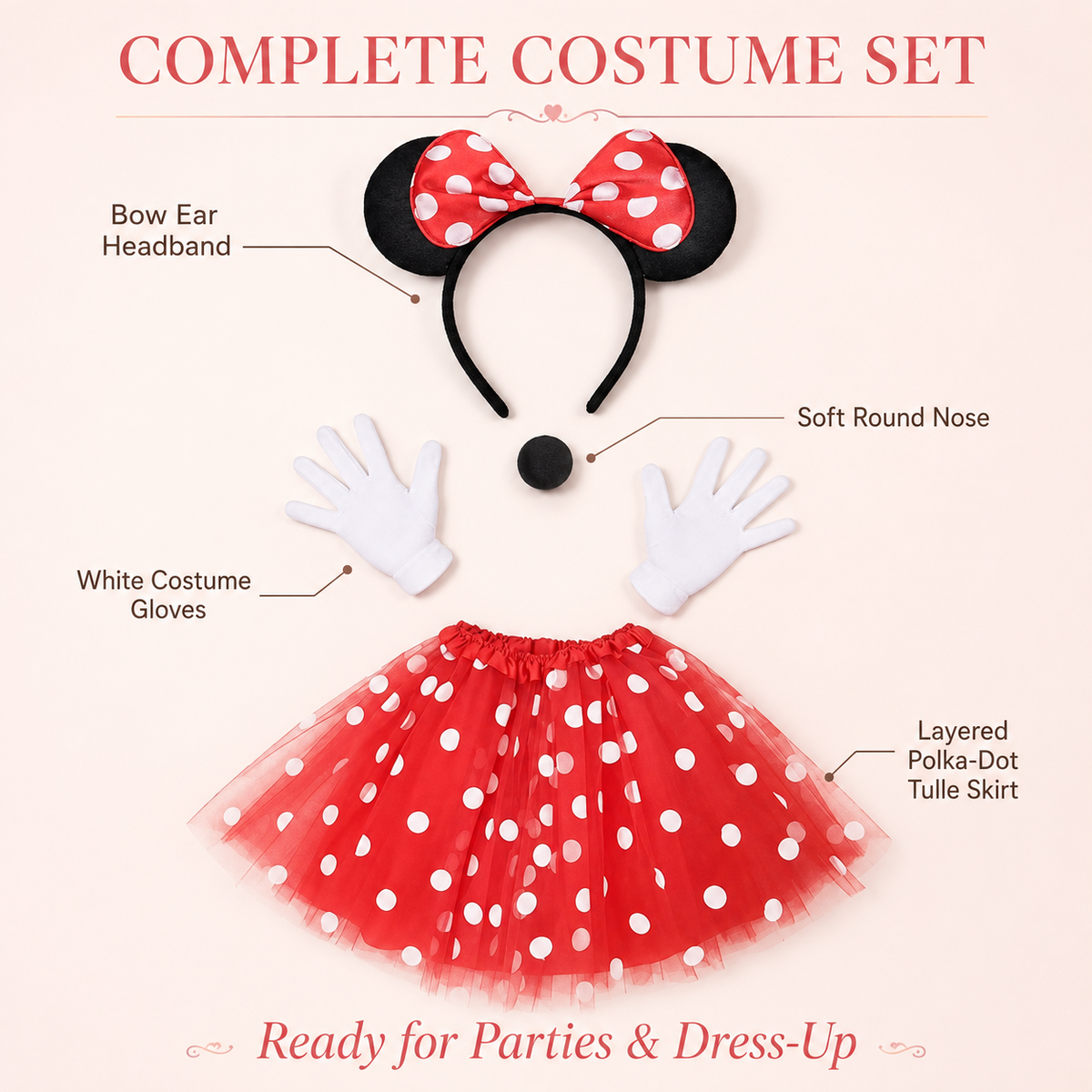 Mouse Ears Headband Polka Dot Tutu Skirt Gloves Nose Costume Set
