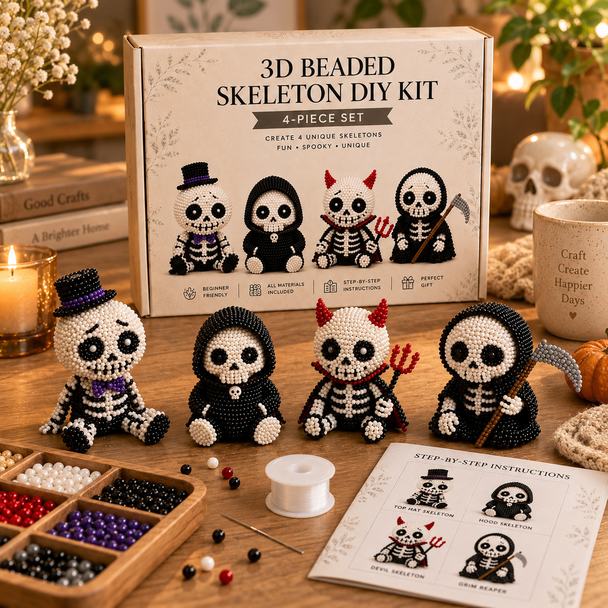 3D Beaded Skeleton DIY Craft Kit 4 Piece Set Halloween Bead Figures