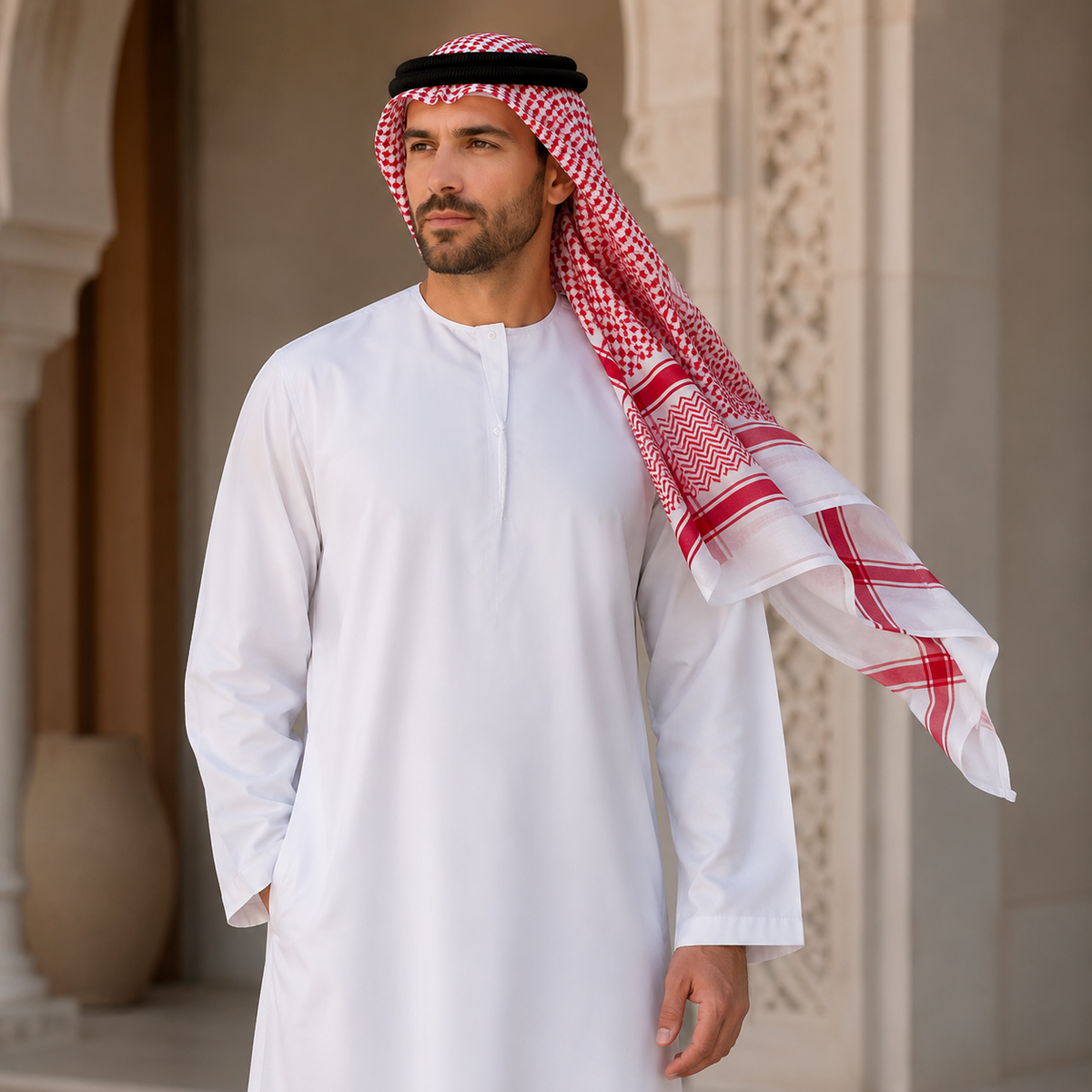 Mens White Robe and Red Checkered Headscarf Costume Set with Agal