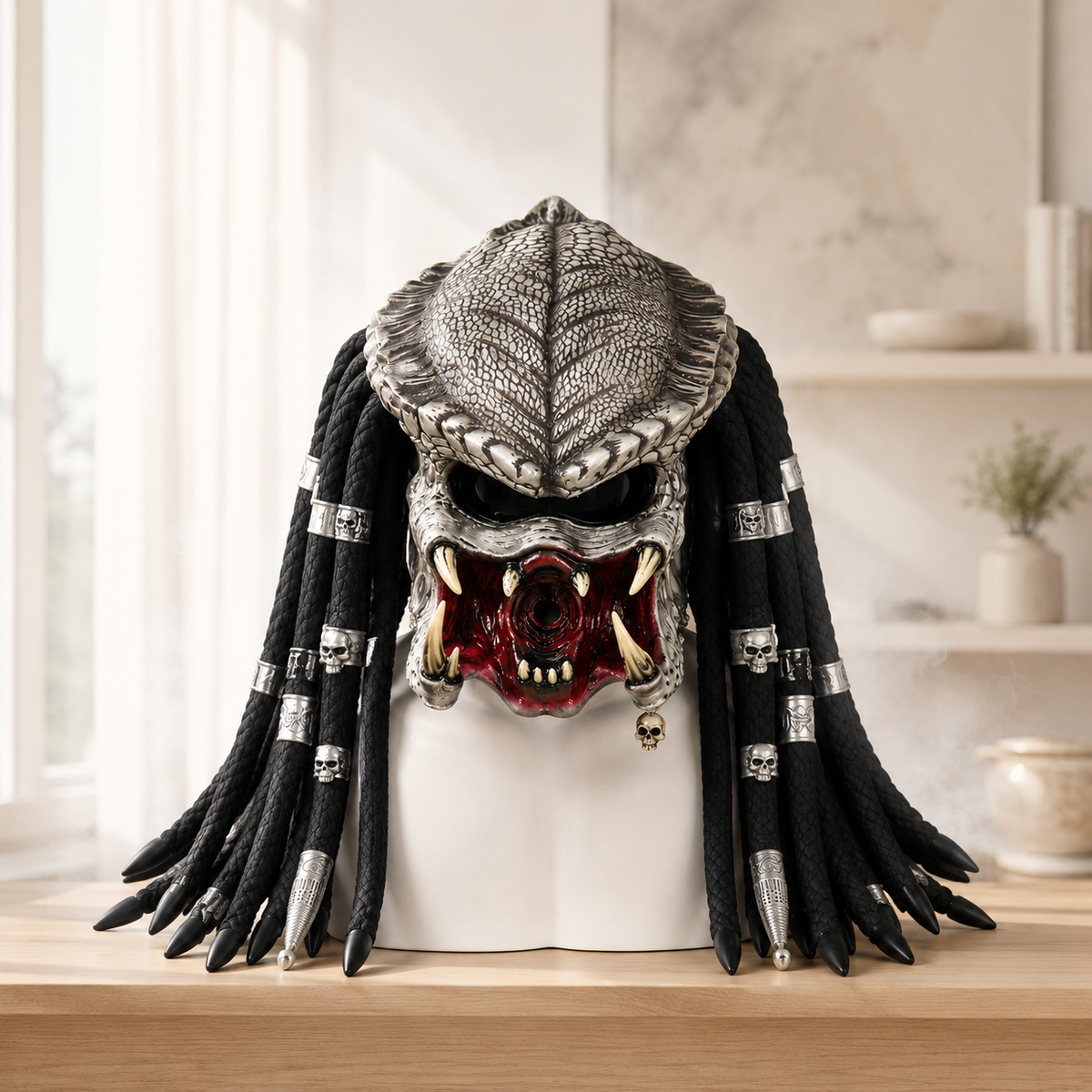 Alien Hunter Predator Style Mask Full Head Braided Dreadlocks Fangs