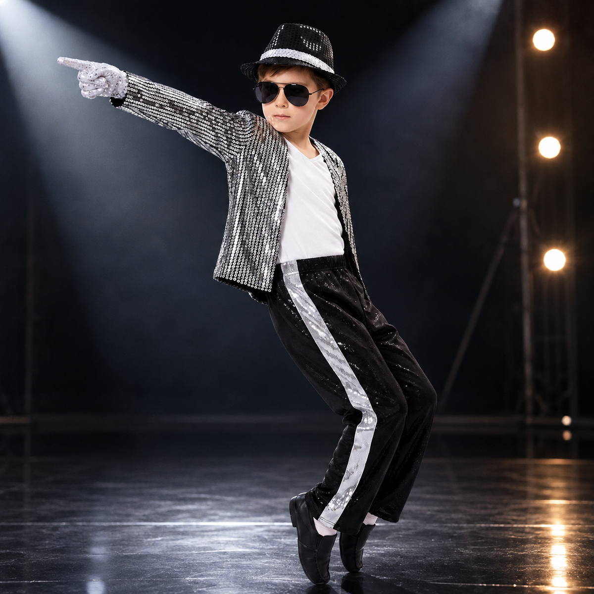 Kids 80s Pop Star Costume Silver Sequin Jacket Pants Fedora Gloves