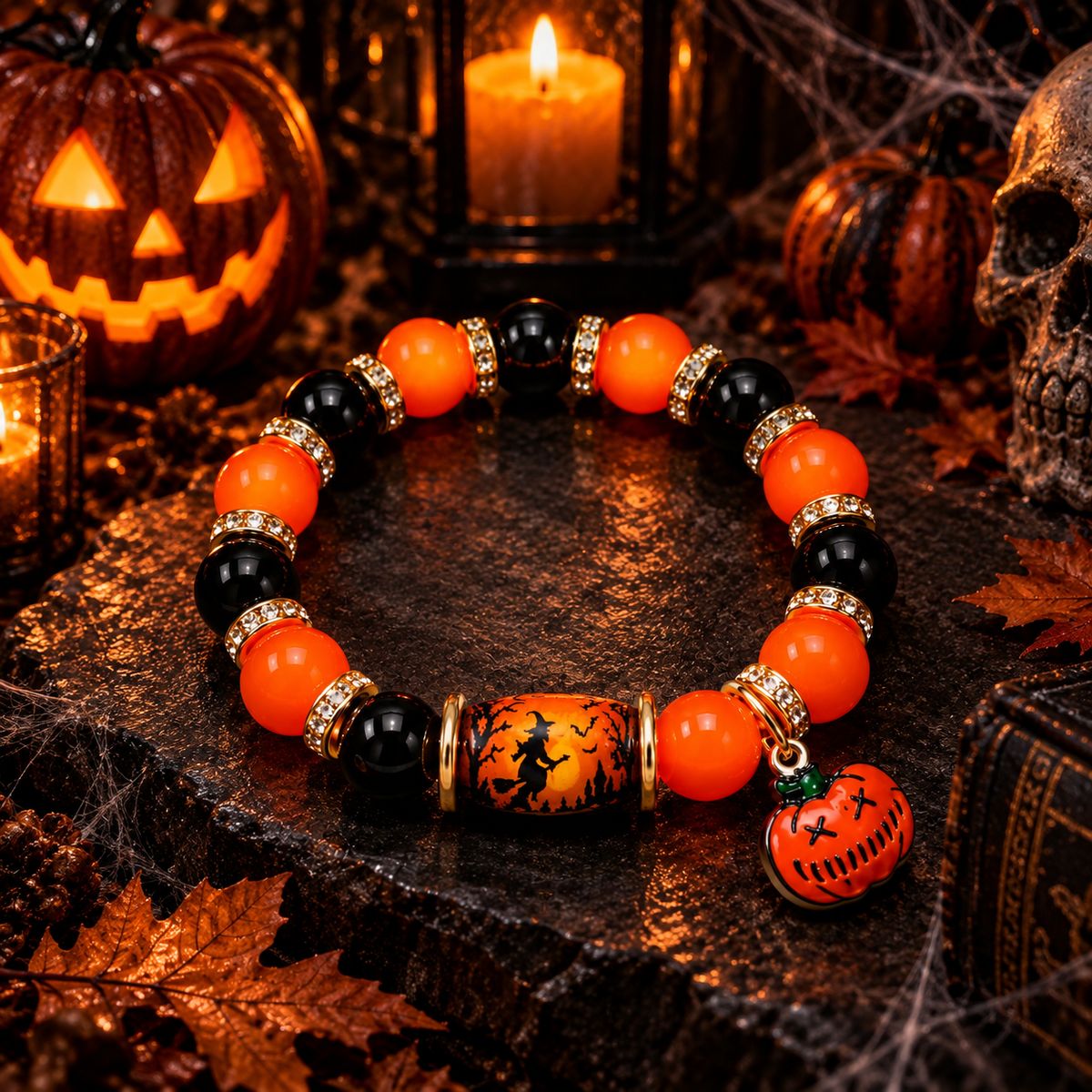 Halloween Charm Bracelet Stretch Bead Bat Pumpkin Ghost Castle