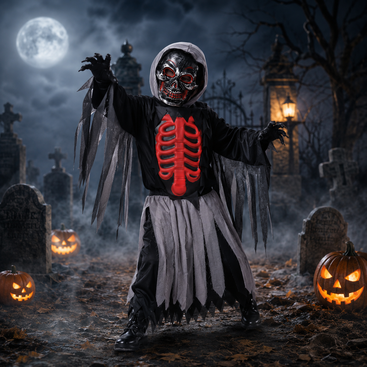 Kids Grim Reaper Costume Hooded Tattered Robe Red Ribcage Skeleton