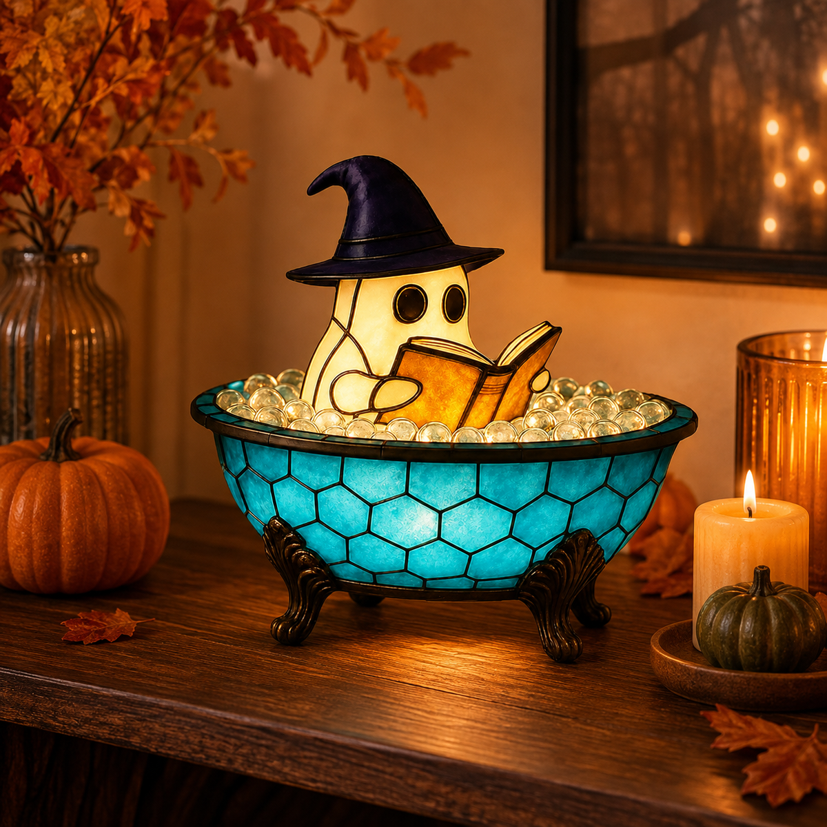 Ghost Bubble Bath LED Night Light Witch Hat Stained Glass Style Lamp