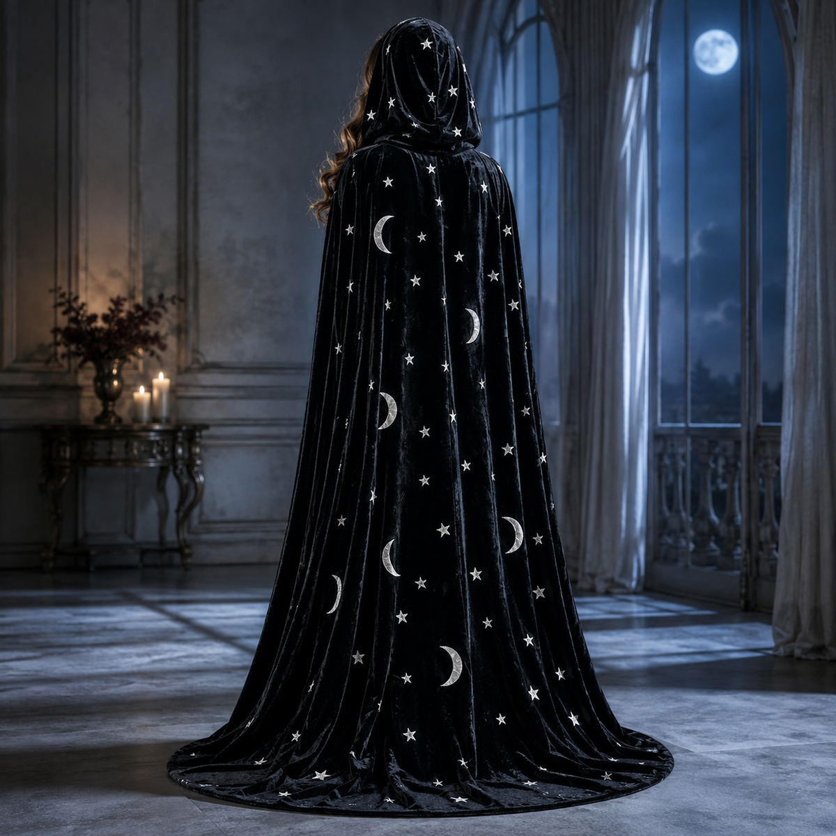 Celestial Velvet Hooded Cape Moon and Star Print Witch Wizard Cloak