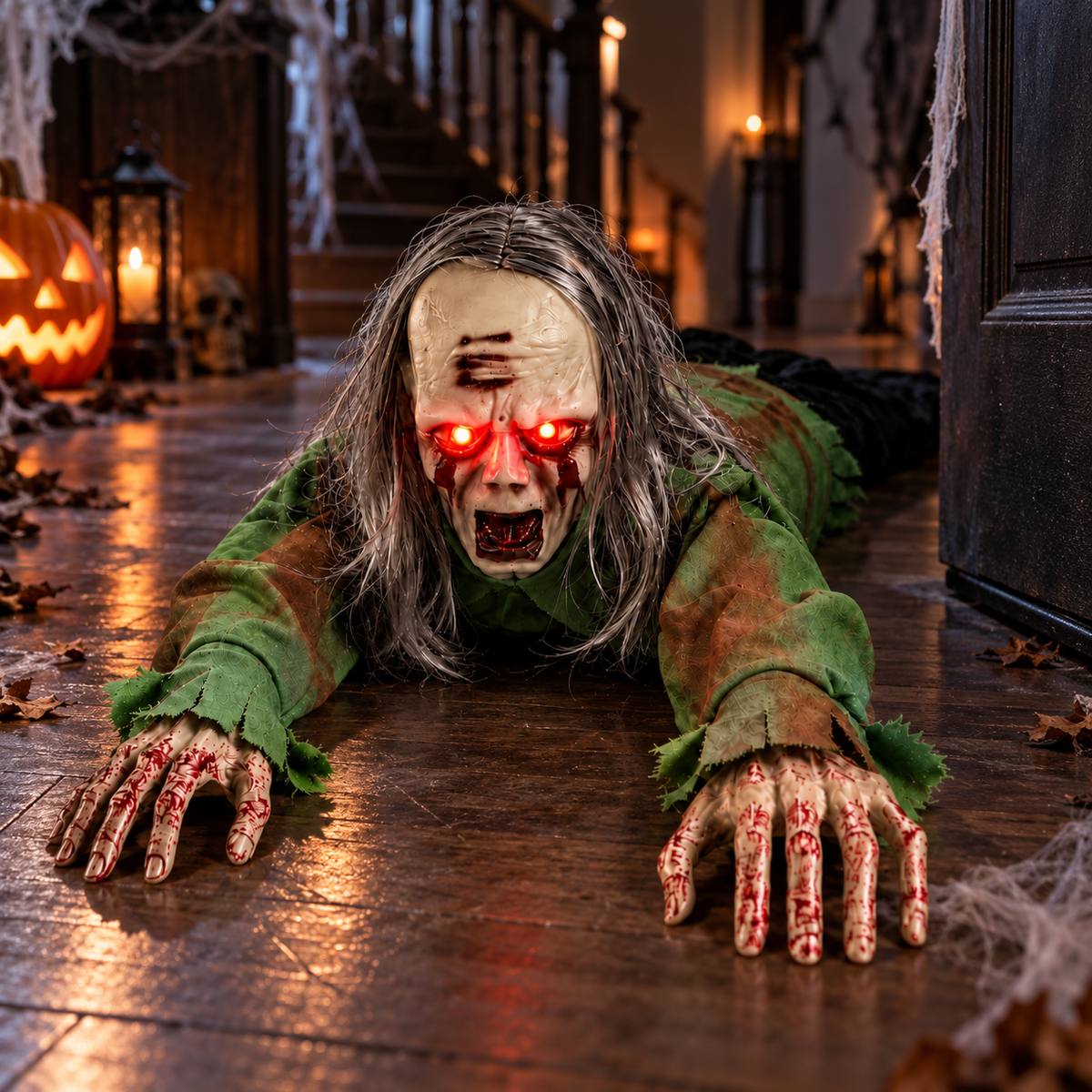 Animated Crawling Zombie Decoration Long Gray Hair Glowing Red Eyes