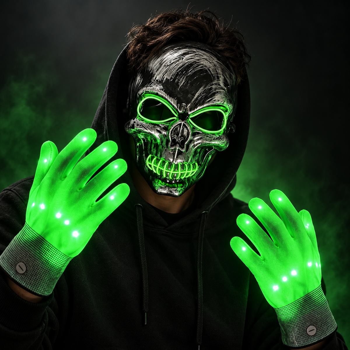 LED Skull Mask and Light Up Gloves Set Blue Red Green Halloween Rave