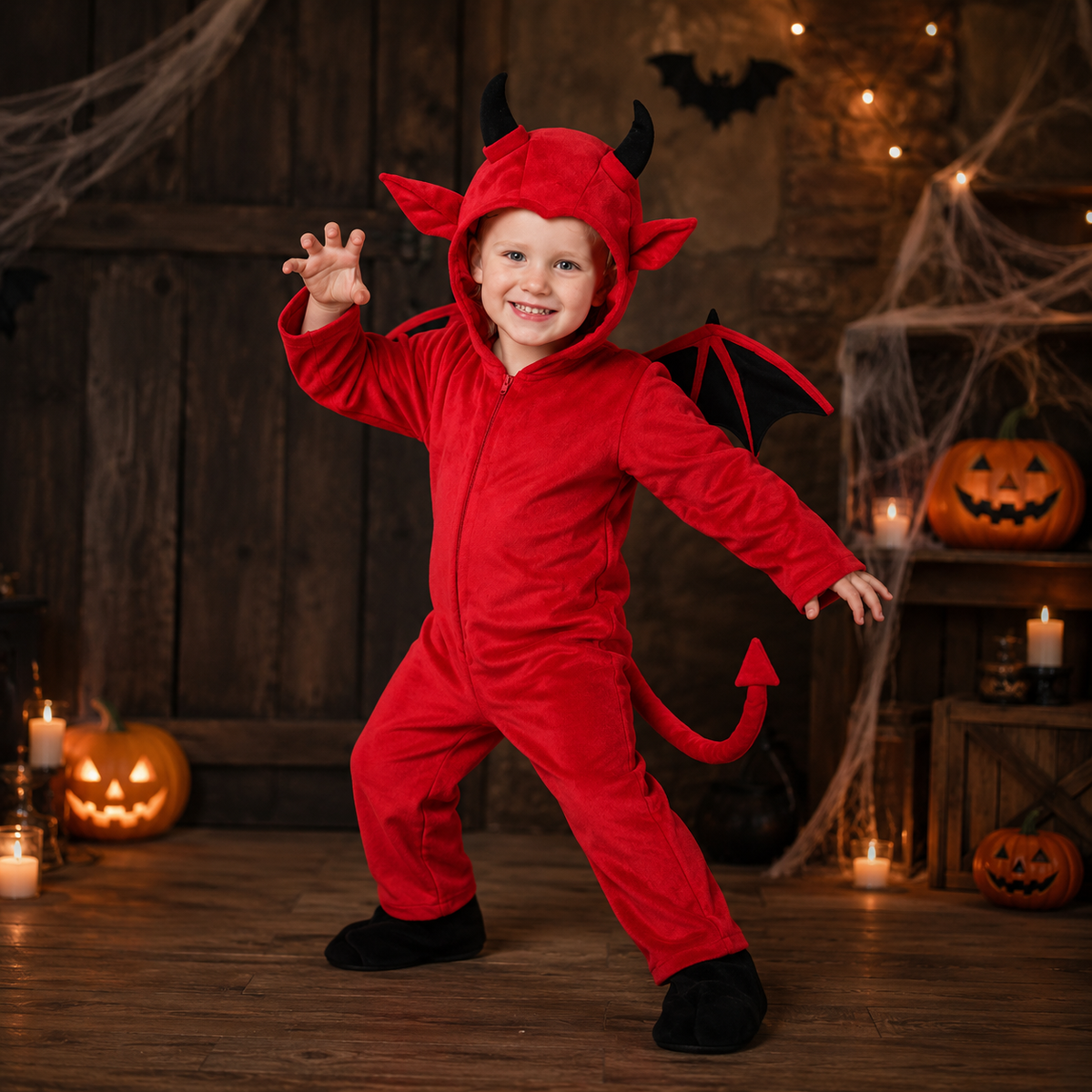 Kids Red Devil Costume Hooded Jumpsuit with Bat Wings Horns and Tail
