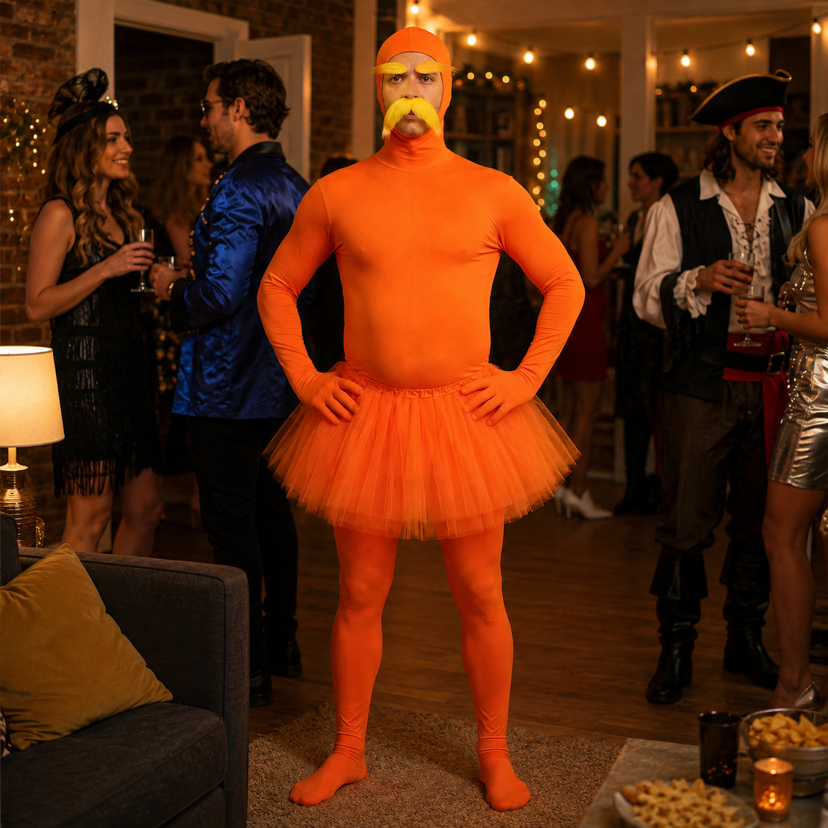 Orange Full Body Spandex Suit Costume Yellow Mustache Funny Character