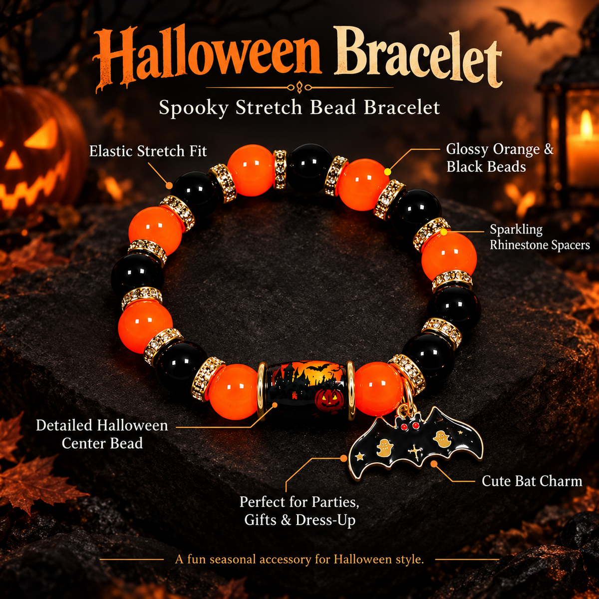 Halloween Charm Bracelet Stretch Bead Bat Pumpkin Ghost Castle
