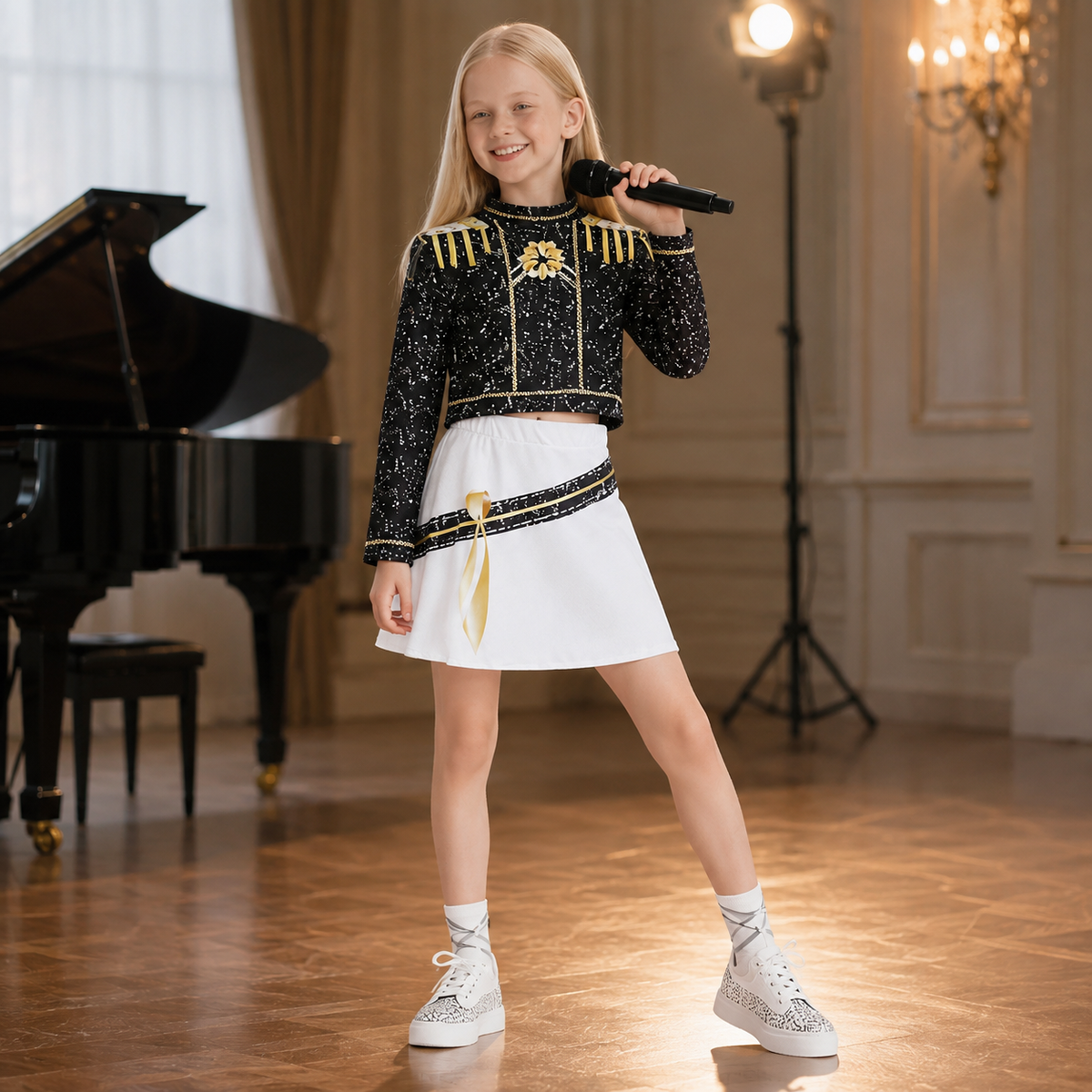 Girls Pop Star Stage Outfit Sequin Cropped Jacket Skirt or Shorts Set