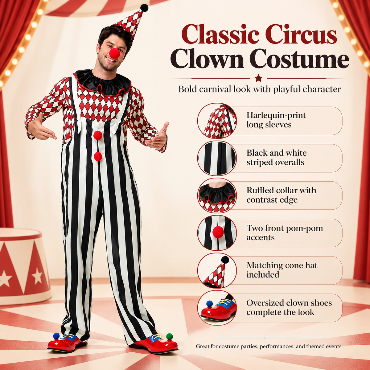 Couples Harlequin Clown Costume Mens Striped Overalls Womens Dress Hat