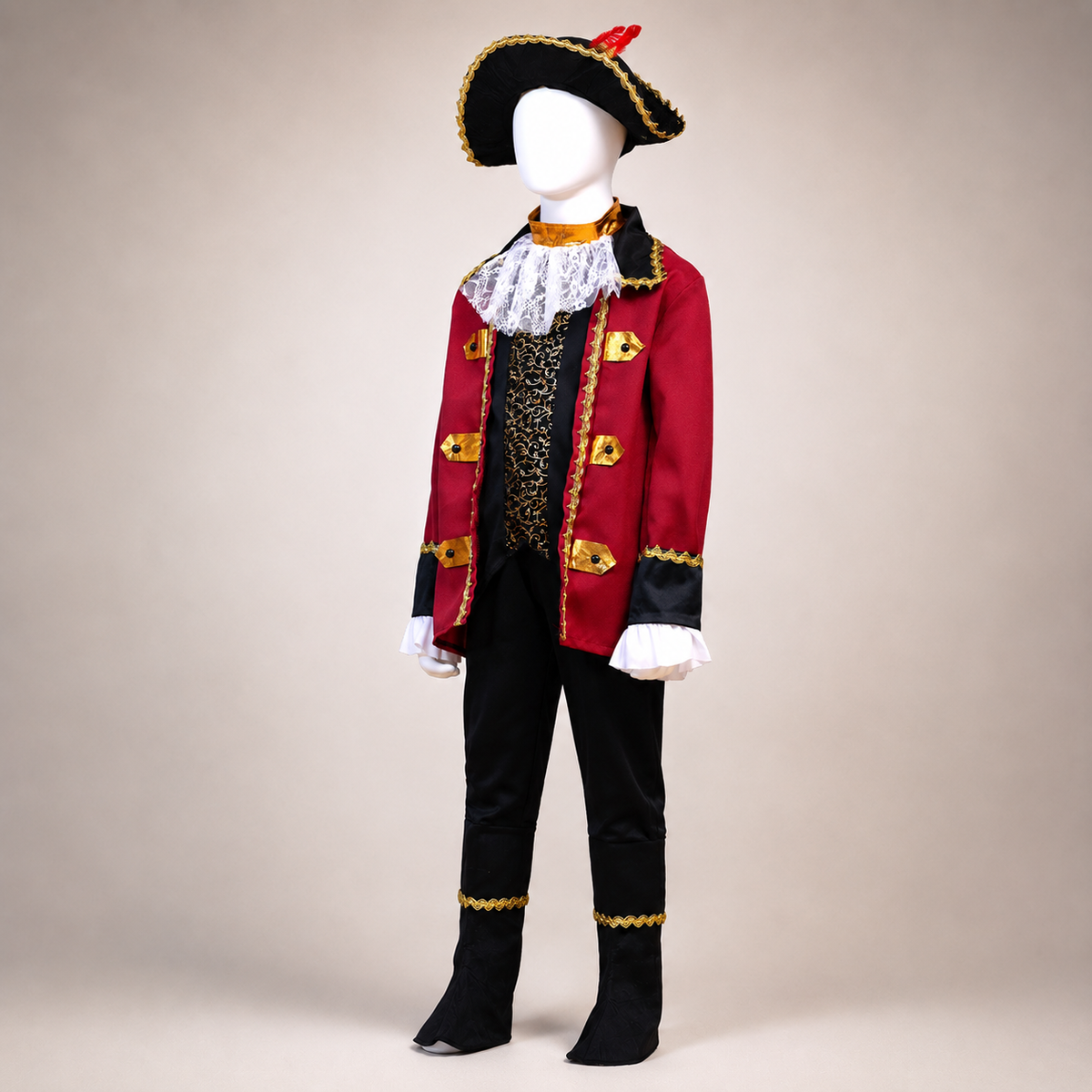 Boys Pirate Captain Costume Red Coat Lace Jabot Tricorn Hat Kids