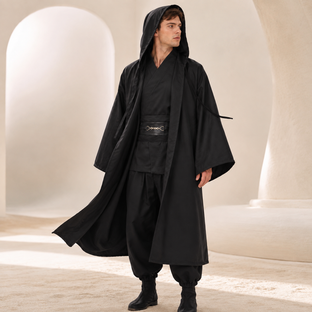 Mens Jedi Style Robe Costume Hooded Cloak Tunic Pants Belt Brown Black