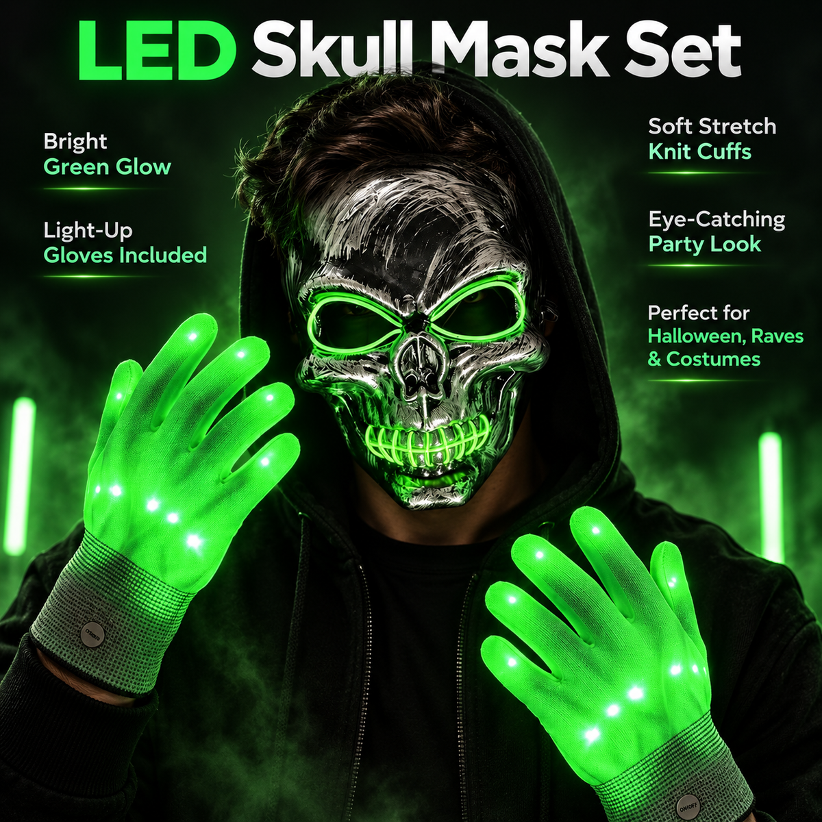 LED Skull Mask and Light Up Gloves Set Blue Red Green Halloween Rave