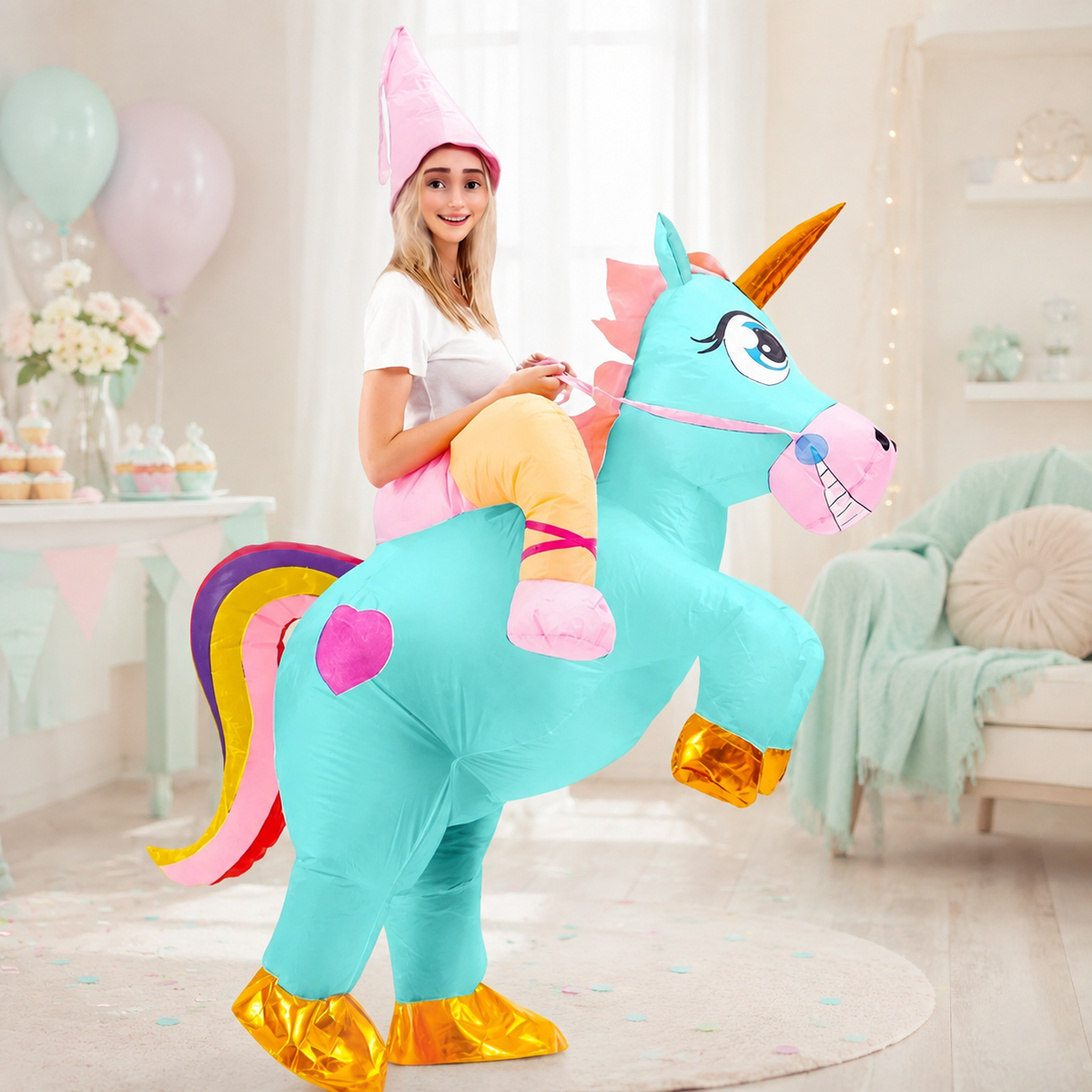 Inflatable Unicorn Ride On Costume Adult Rainbow Tail Pointed Hat