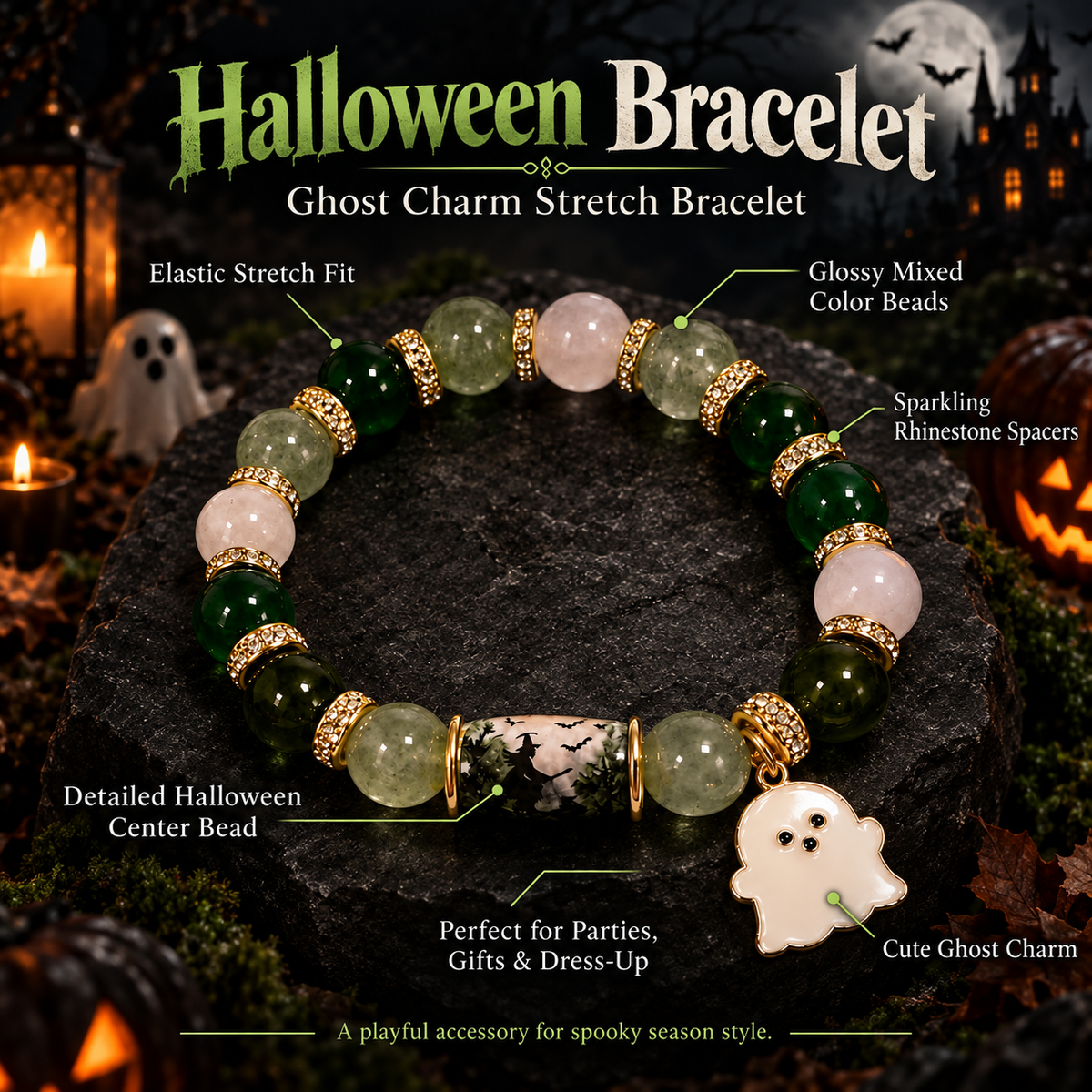 Halloween Charm Bracelet Stretch Bead Bat Pumpkin Ghost Castle