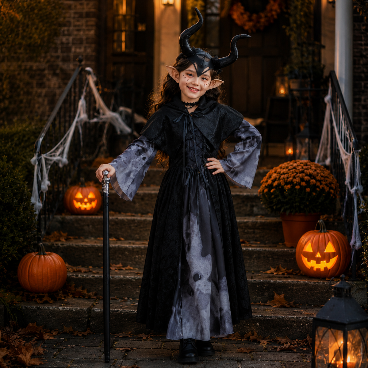 Girls Dark Fairy Costume Black Hooded Dress Horns Elf Ears Cane