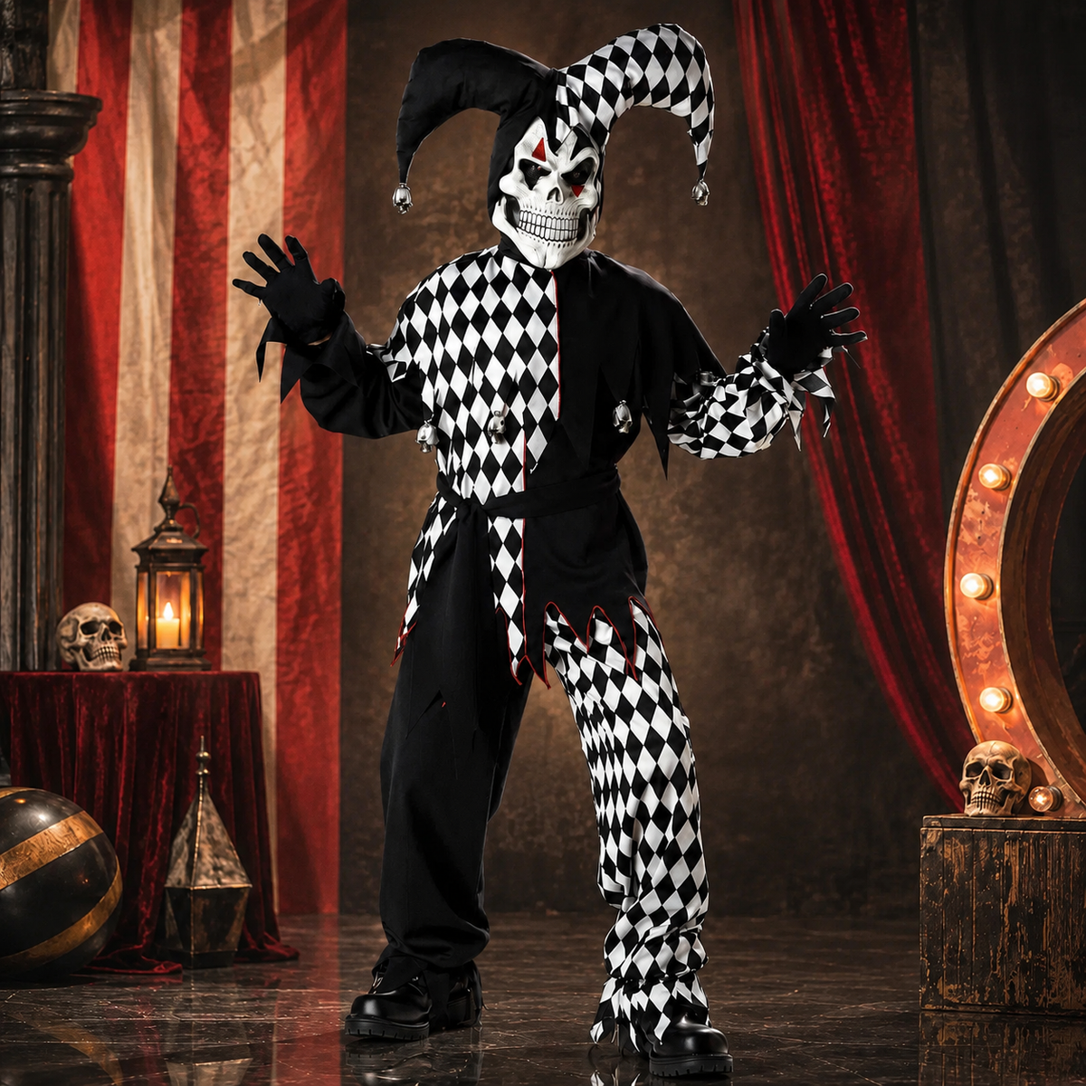 Evil Court Jester Costume Horned Hood Harlequin Suit Adult Kids