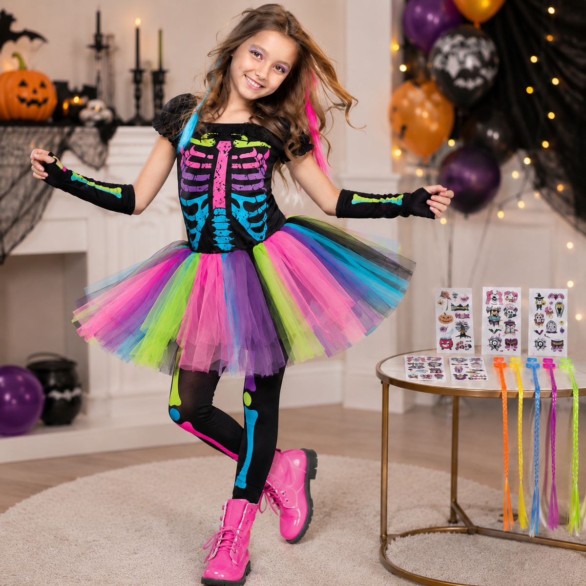 Girls Neon Skeleton Tutu Costume Set with Leggings Gloves and Tattoos
