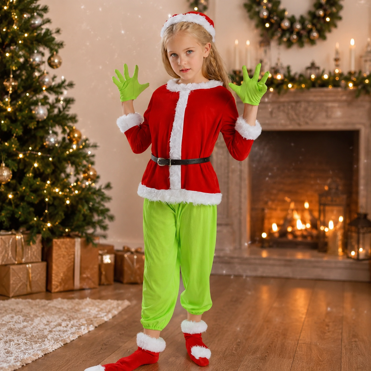 Kids Green Christmas Elf Costume Santa Top Gloves Hat Shoe Covers
