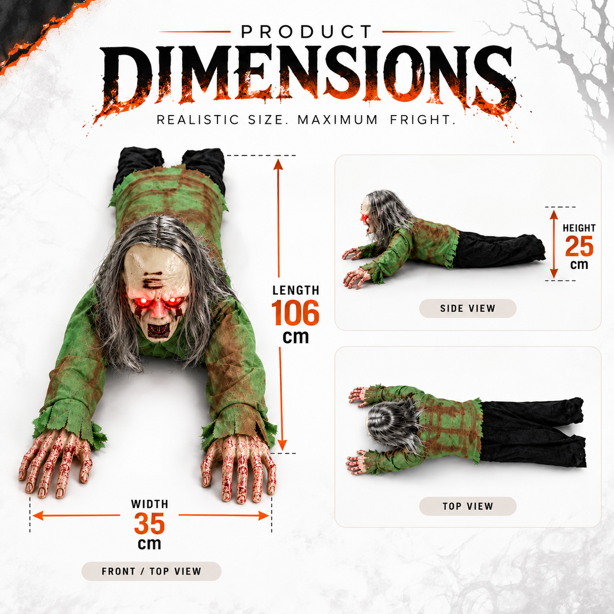 Crawling Zombie Halloween Prop Red LED Eyes Sound Activated Animated