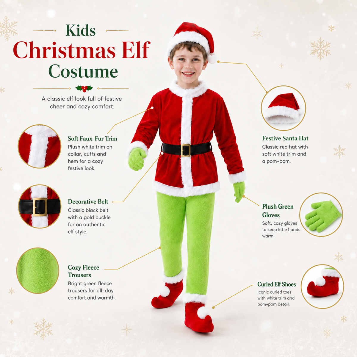 Boys Green Christmas Elf Costume Santa Jacket Hat Gloves Curled Shoes