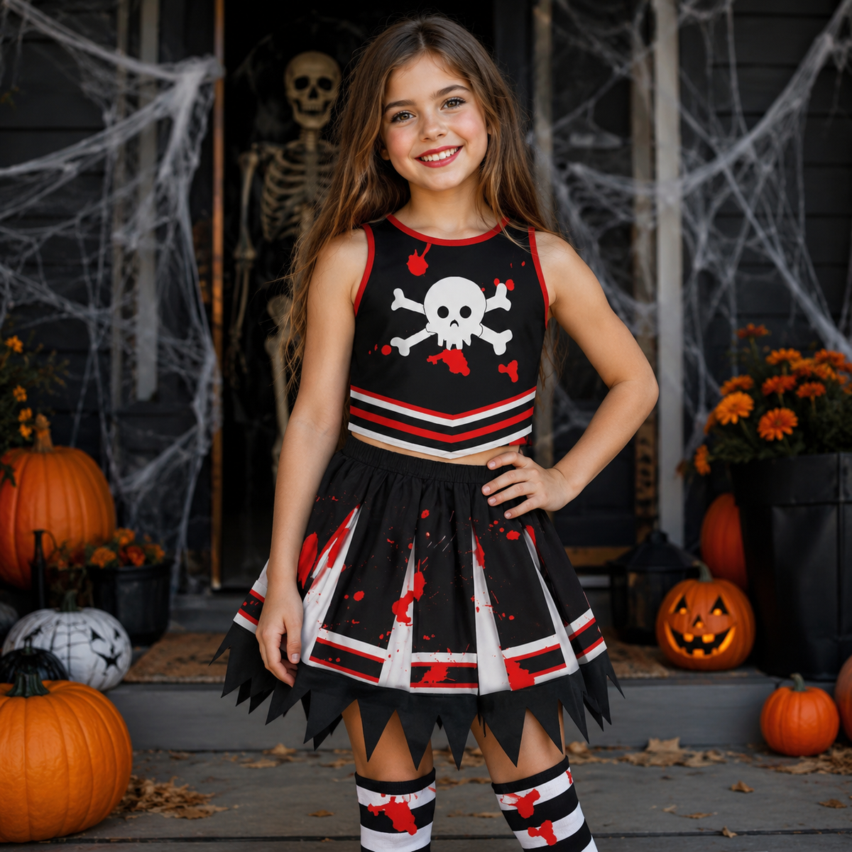 Kids Zombie Cheerleader Costume Bloody Skull Uniform Dress 11 Styles