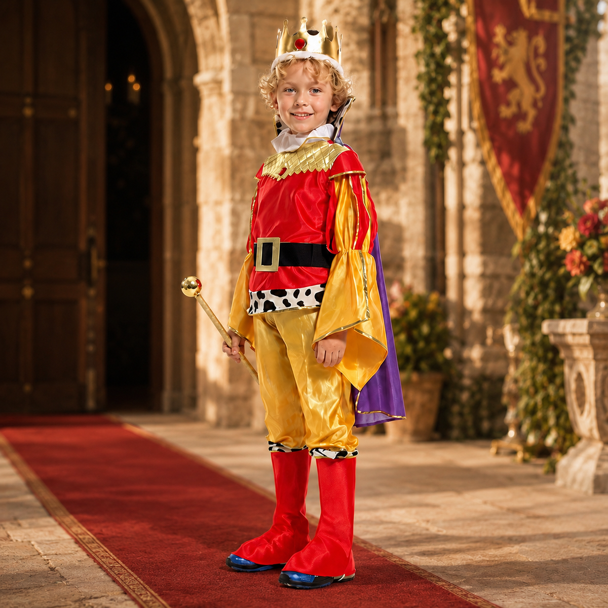 Boys Medieval King Costume Set Tunic Cape Crown Scepter Boot Covers