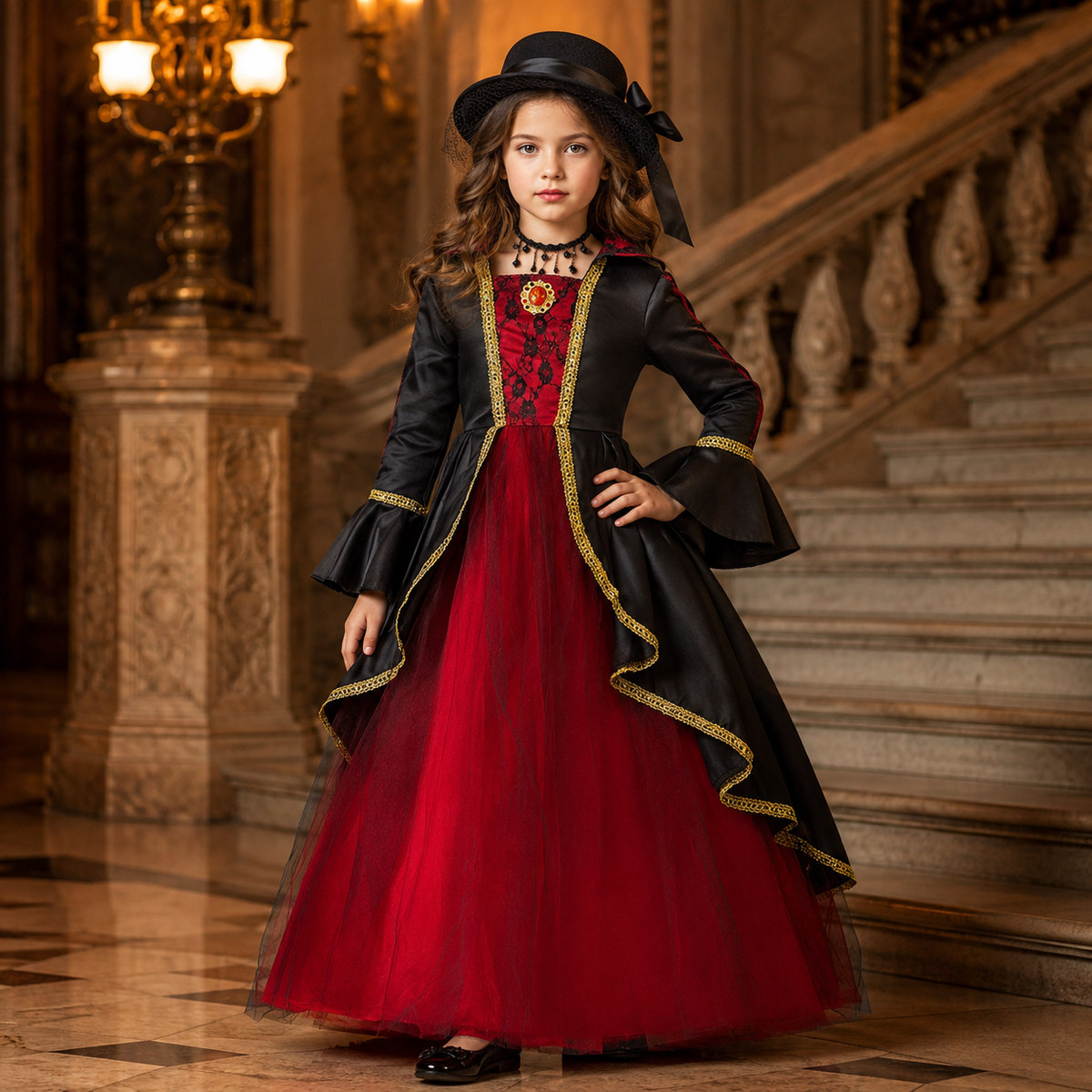 Girls Victorian Vampire Dress Costume Red Black Gown Hat Choker