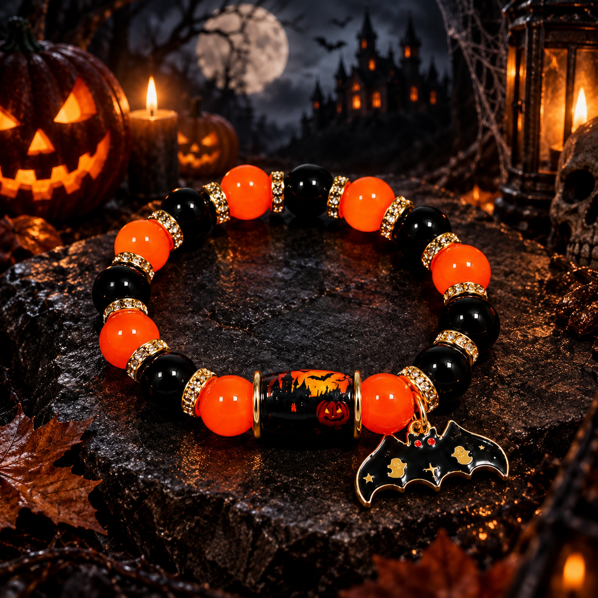 Halloween Charm Bracelet Stretch Bead Bat Pumpkin Ghost Castle