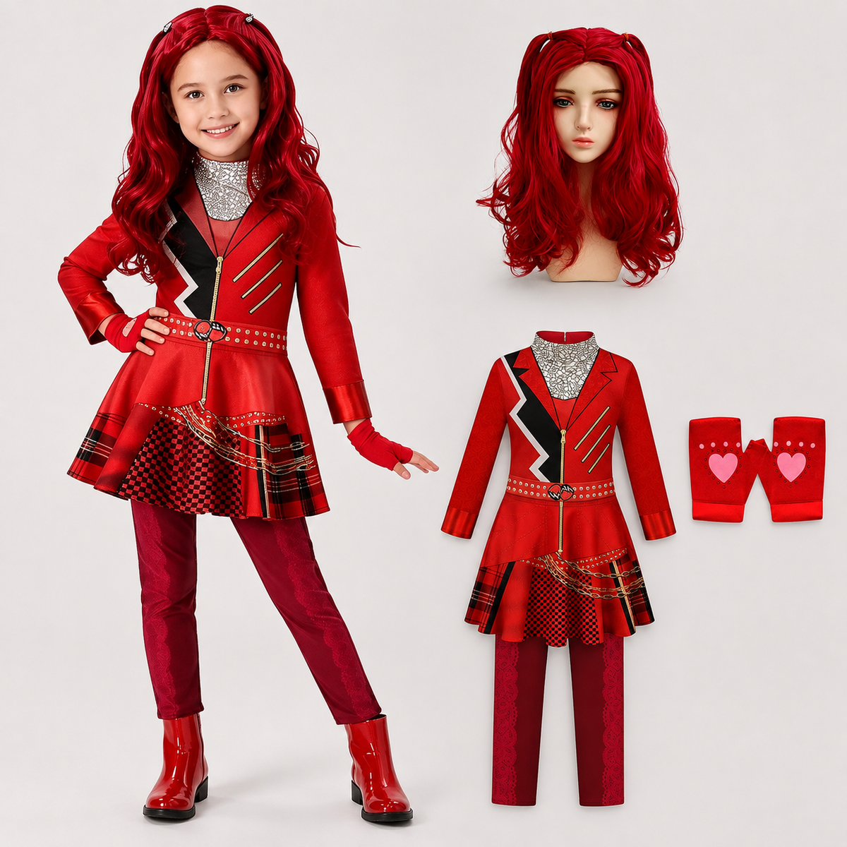 Girls Red Rebel Costume Zigzag Jacket Dress Pants Heart Gloves Wig