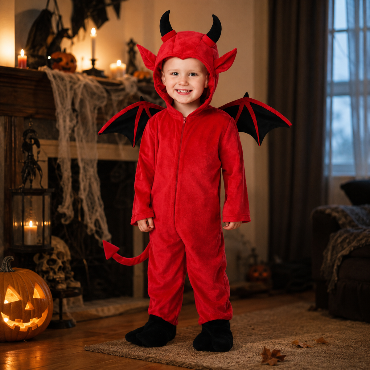 Kids Red Devil Costume Hooded Jumpsuit with Bat Wings Horns and Tail