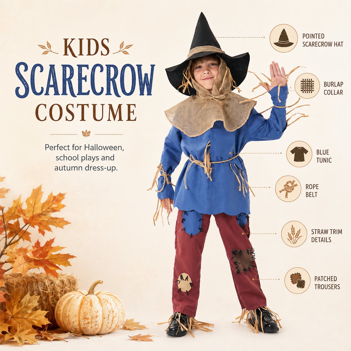 Kids Scarecrow Costume Blue Tunic Patched Pants Burlap Collar Hat