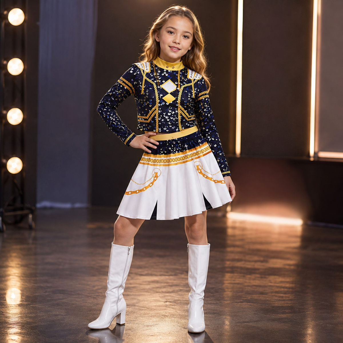 Girls Sequin Majorette Costume Navy Gold Crop Top Skirt Stage Outfit