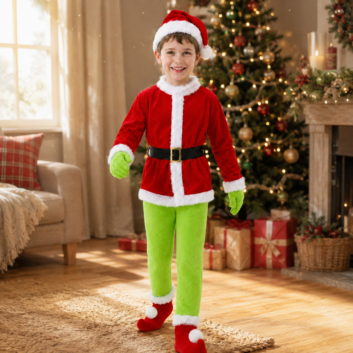 Boys Green Christmas Elf Costume Santa Jacket Hat Gloves Curled Shoes