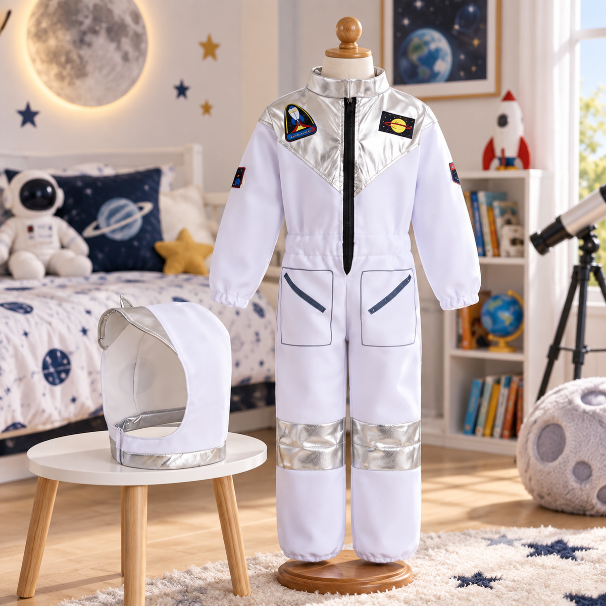 Kids Astronaut Costume White Space Suit with Silver Hood and Gloves