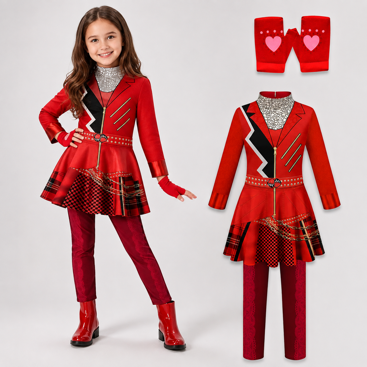 Girls Red Rebel Costume Zigzag Jacket Dress Pants Heart Gloves Wig