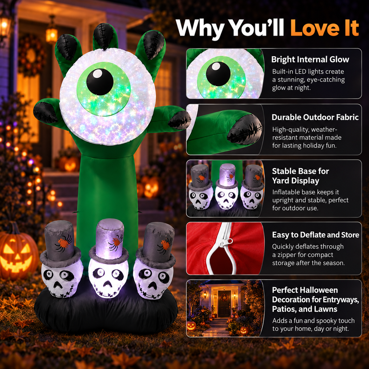 Inflatable Eyeball Monster Hand with Skulls LED Halloween Yard Decor