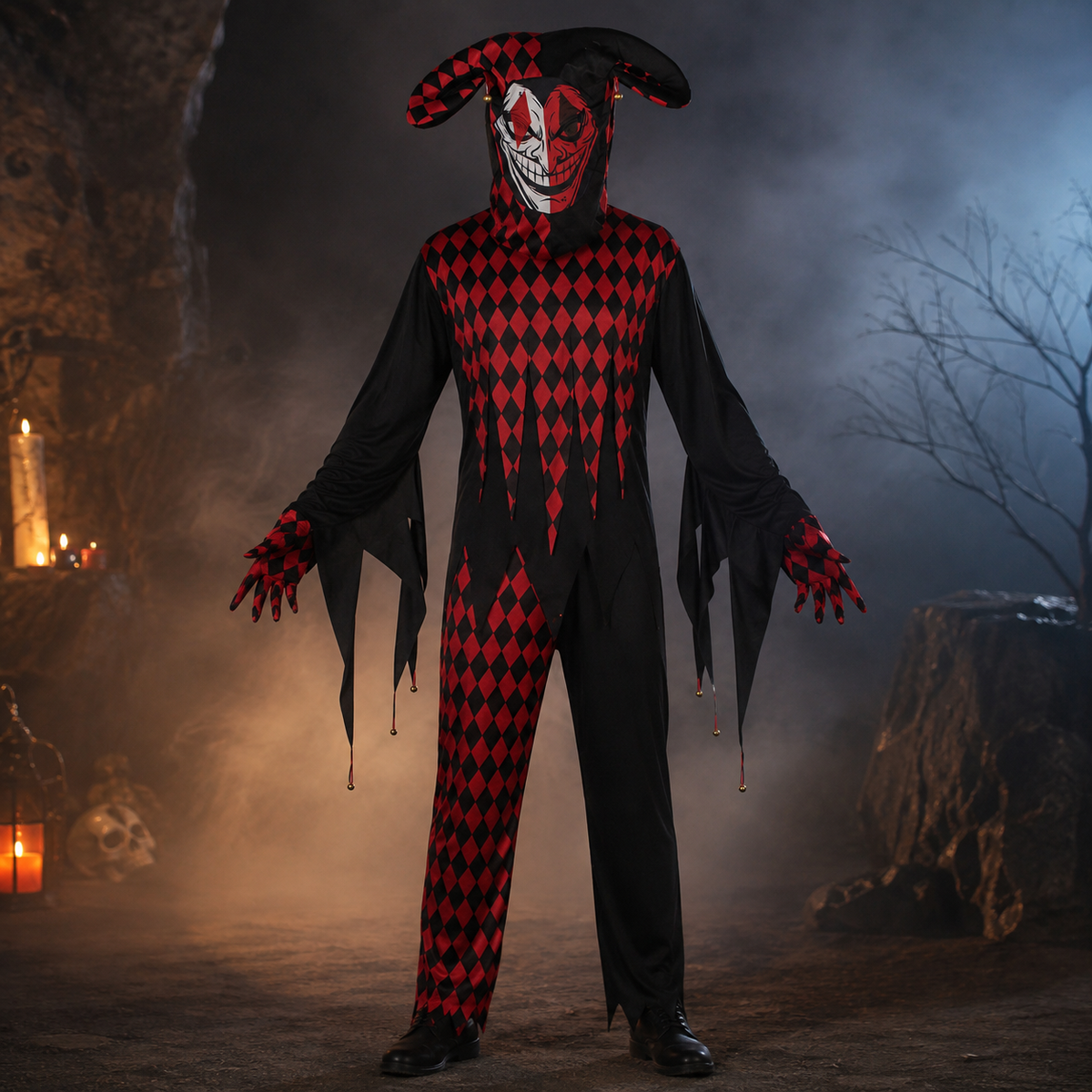 Adult Evil Harlequin Jester Costume Red Black Diamond Mask Hood Gloves