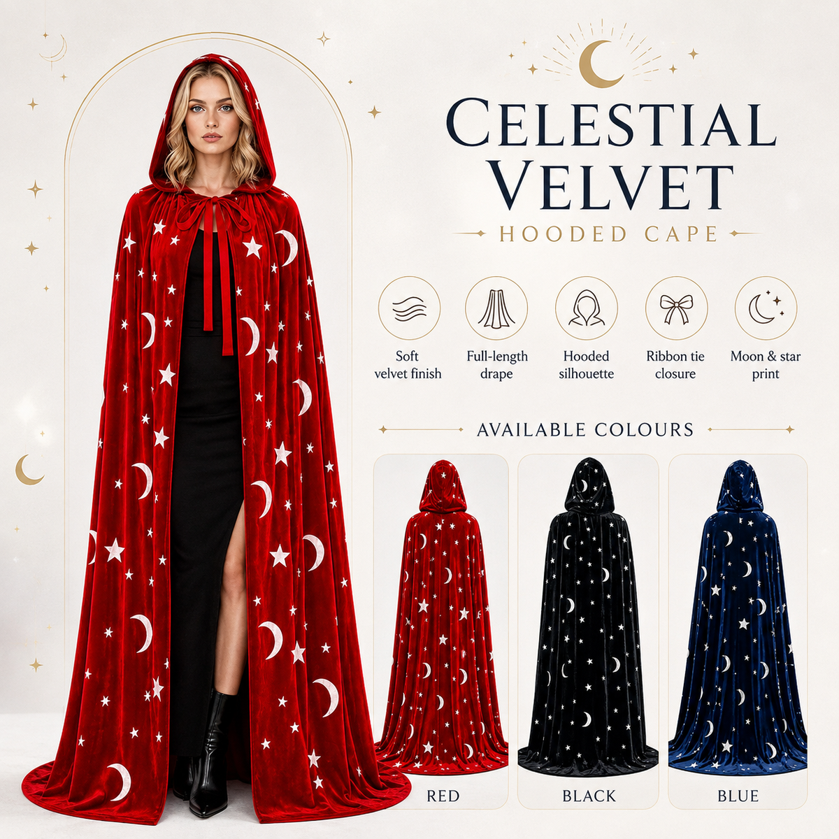 Celestial Velvet Hooded Cape Moon and Star Print Witch Wizard Cloak