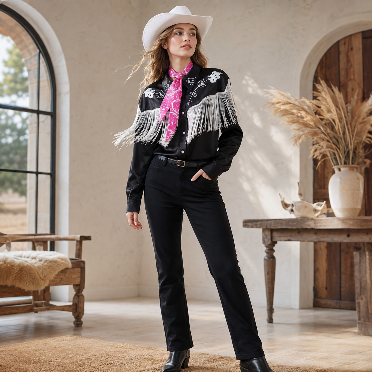 Pink Cowgirl Costume Star Flare Pants Set or Black Fringe Western Set